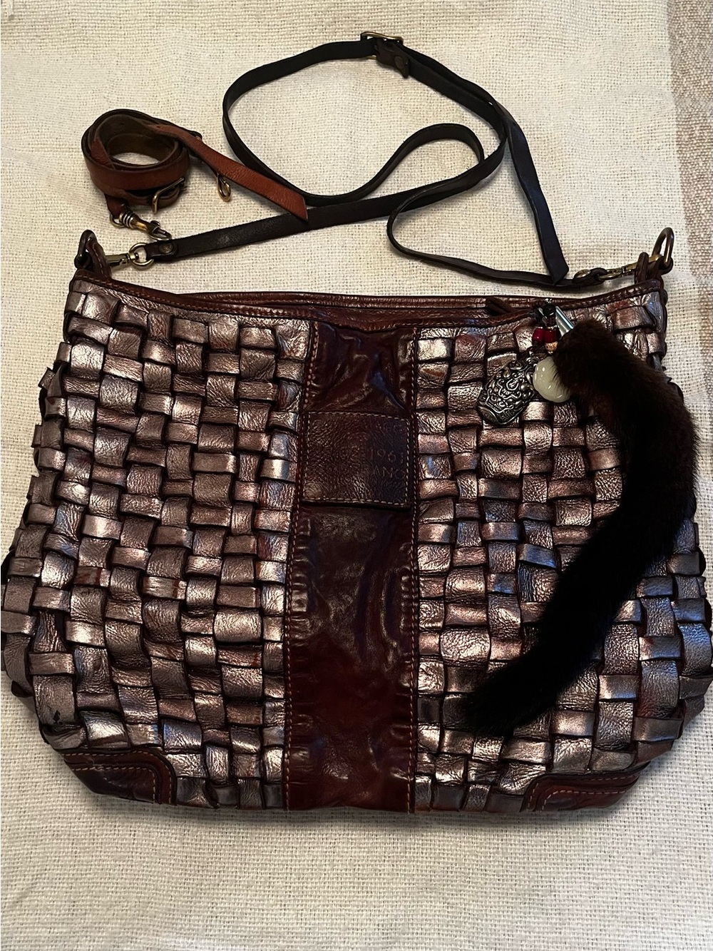 CAMPOMAGGI Woven Metallic Brown Leather Crossbody Bag